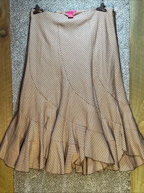 Sunny Leigh Beige & Brown Plaid A-Line Ruffle Hem Skirt